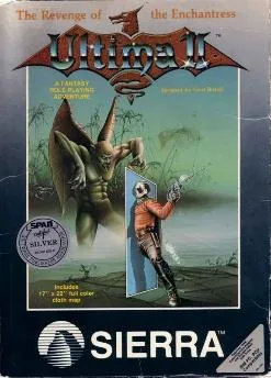 Box art: Ultima II: The Revenge of the Enchantress for the Apple ][, Atari 400/800, IBM PC/PCjr, and Commodore 64