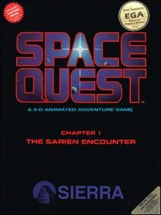 Box art: Space Quest Chapter I: The Sarien Encounter for IBM PC/Tandy 1000, Atari ST, Amiga, and Mac