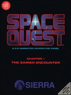 Box art: Space Quest Chapter I: The Sarien Encounter for IBM PC/Tandy 1000, Atari ST, Amiga, and Mac