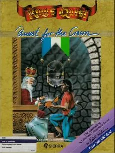 Box art: King’s Quest: Quest for the Crown for the IBM PC/Tandy 1000 (256K), Apple ][, Atari ST, Mac, and Commodore Amiga