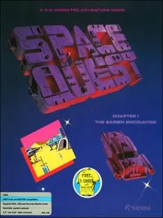 Box art: Space Quest Chapter I: The Sarien Encounter for the IBM PC/Tandy 1000, Atari ST, Mac, and Commodore Amiga